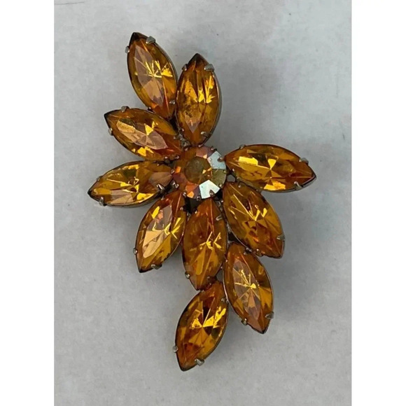 Vintage Orange Amber Tone Rhinestone Flower Brooch Pin Earrings Statement Set - Picture 2 of 7